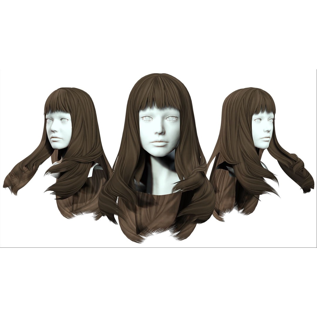 Long Straight Hair 3D Model – Low Poly Hair Asset, FBX, Game Ready - View 3
