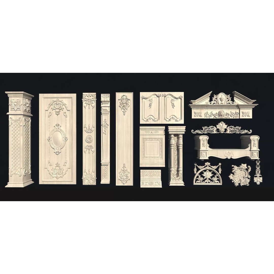 European-Style Carved Components 3D Model – Decorative Wood Elements, FBX - View 2