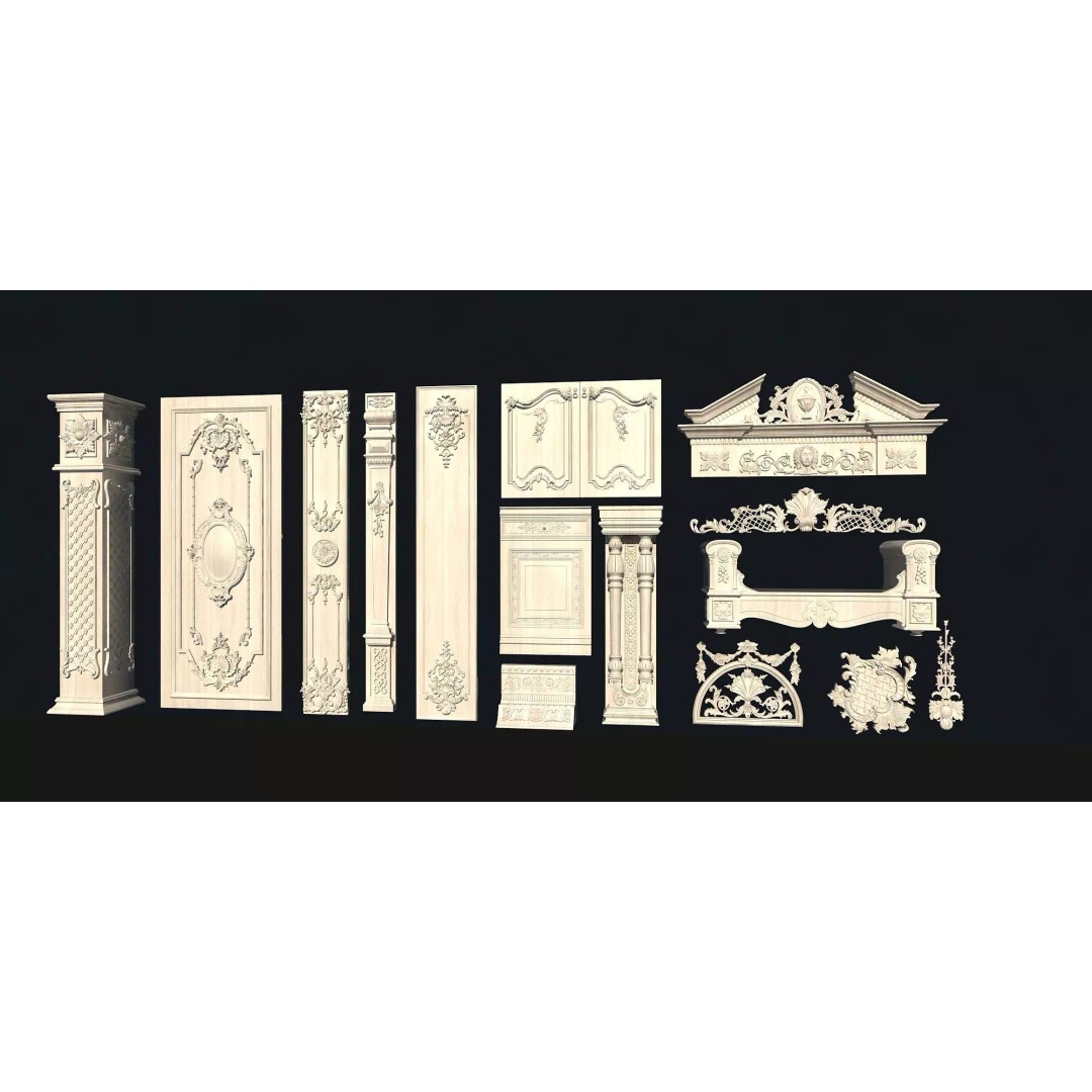European-Style Carved Components 3D Model – Decorative Wood Elements, FBX - View 3