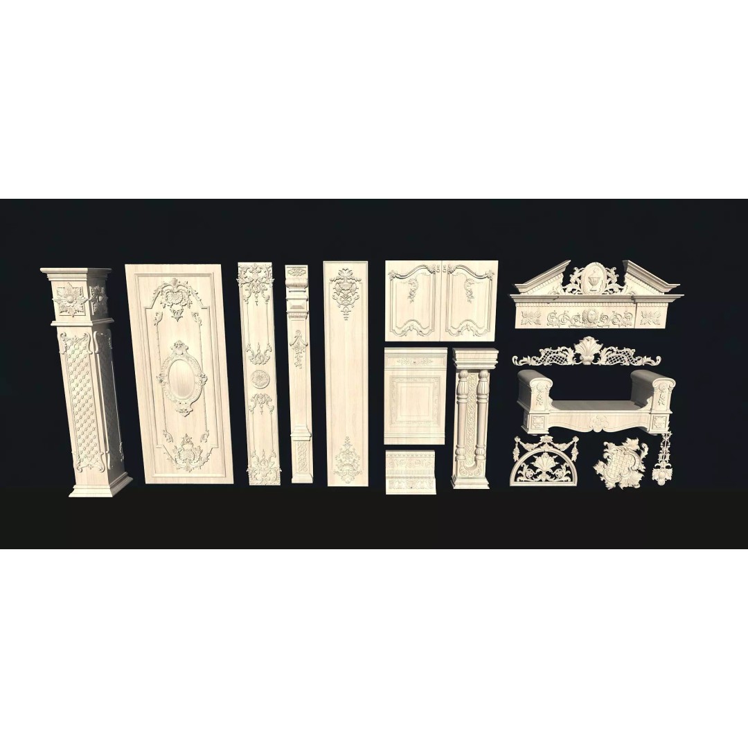 European-Style Carved Components 3D Model – Decorative Wood Elements, FBX - View 4