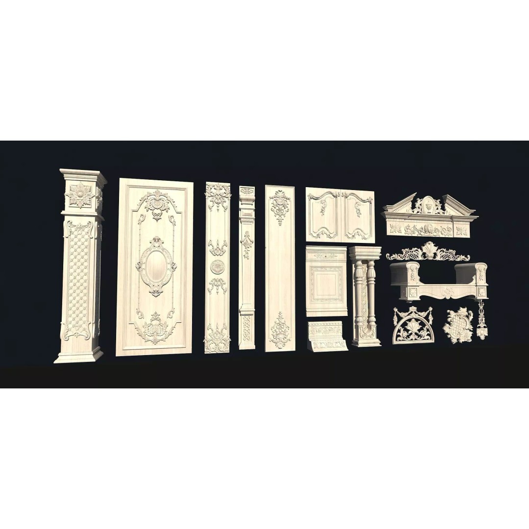 European-Style Carved Components 3D Model – Decorative Wood Elements, FBX - View 5