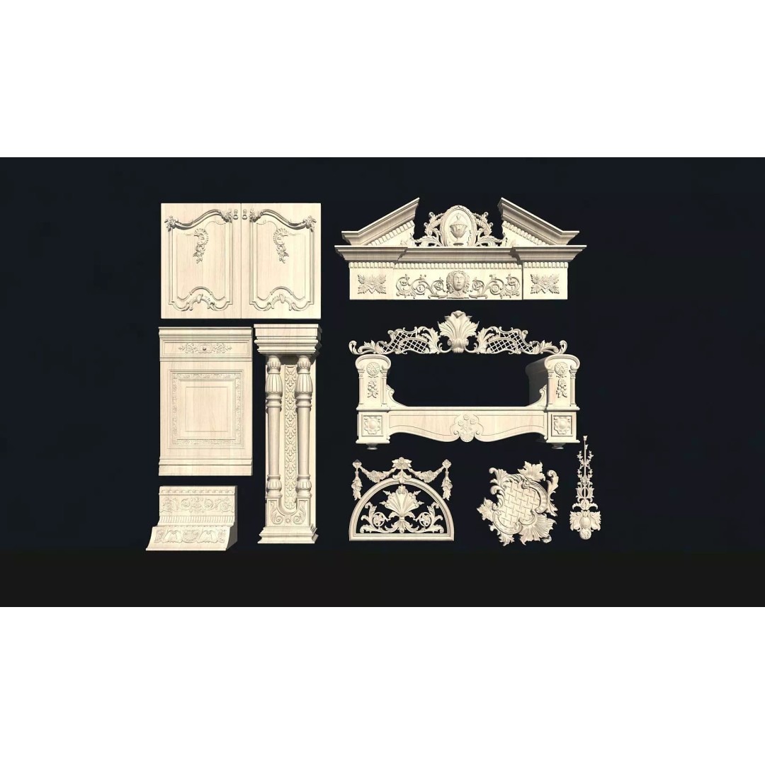 European-Style Carved Components 3D Model – Decorative Wood Elements, FBX - View 7