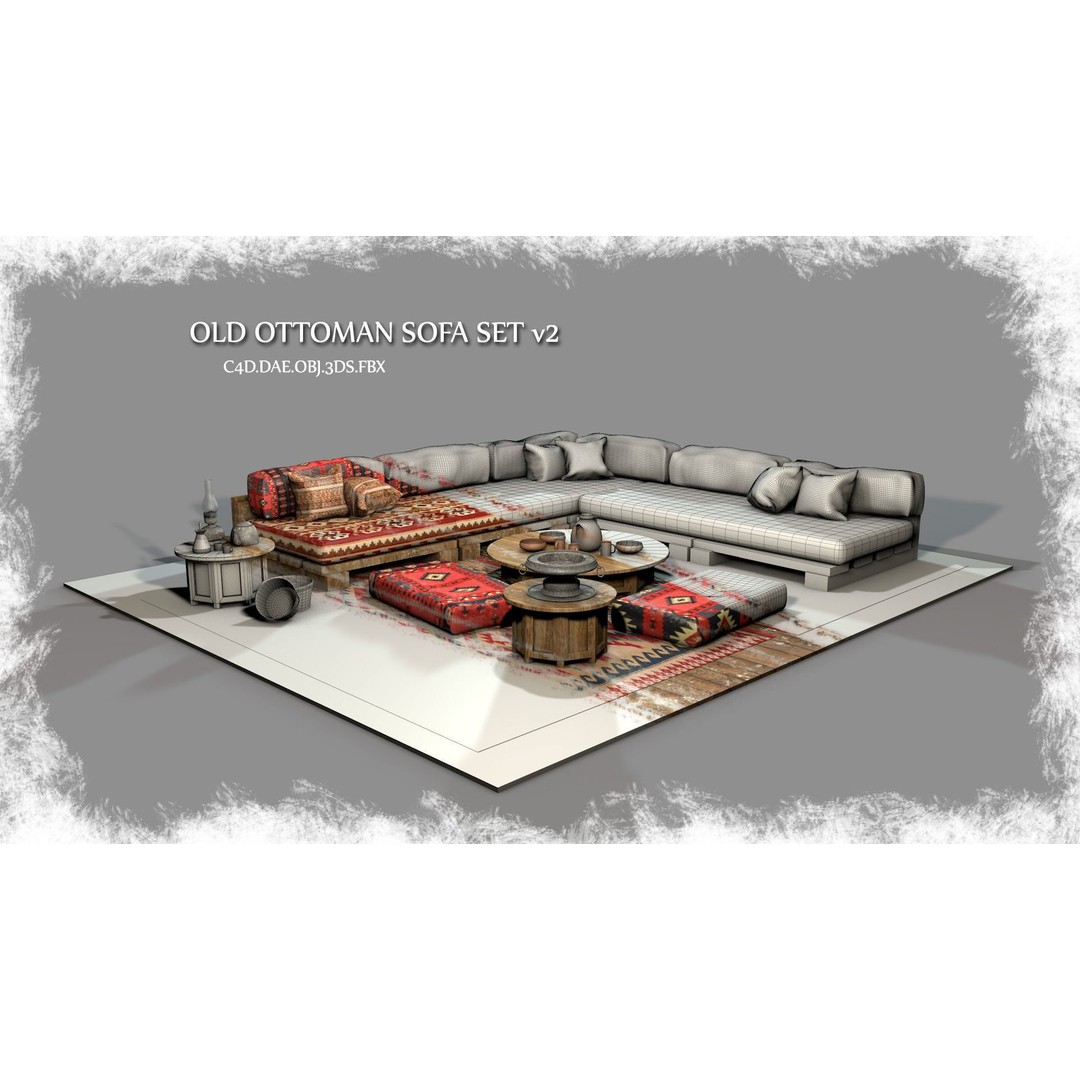 Old Ottoman Sofa Set 3D Model – Classic Turkish Furniture, FBX, OBJ - View 3
