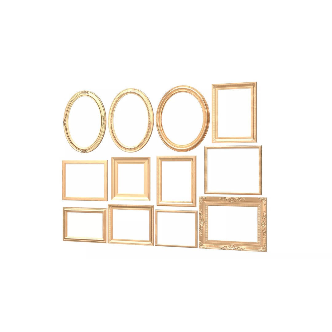 Classic Photo and Mirror Frame Set 3D Model – Low Poly Gold Frames, FBX/OBJ - View 2