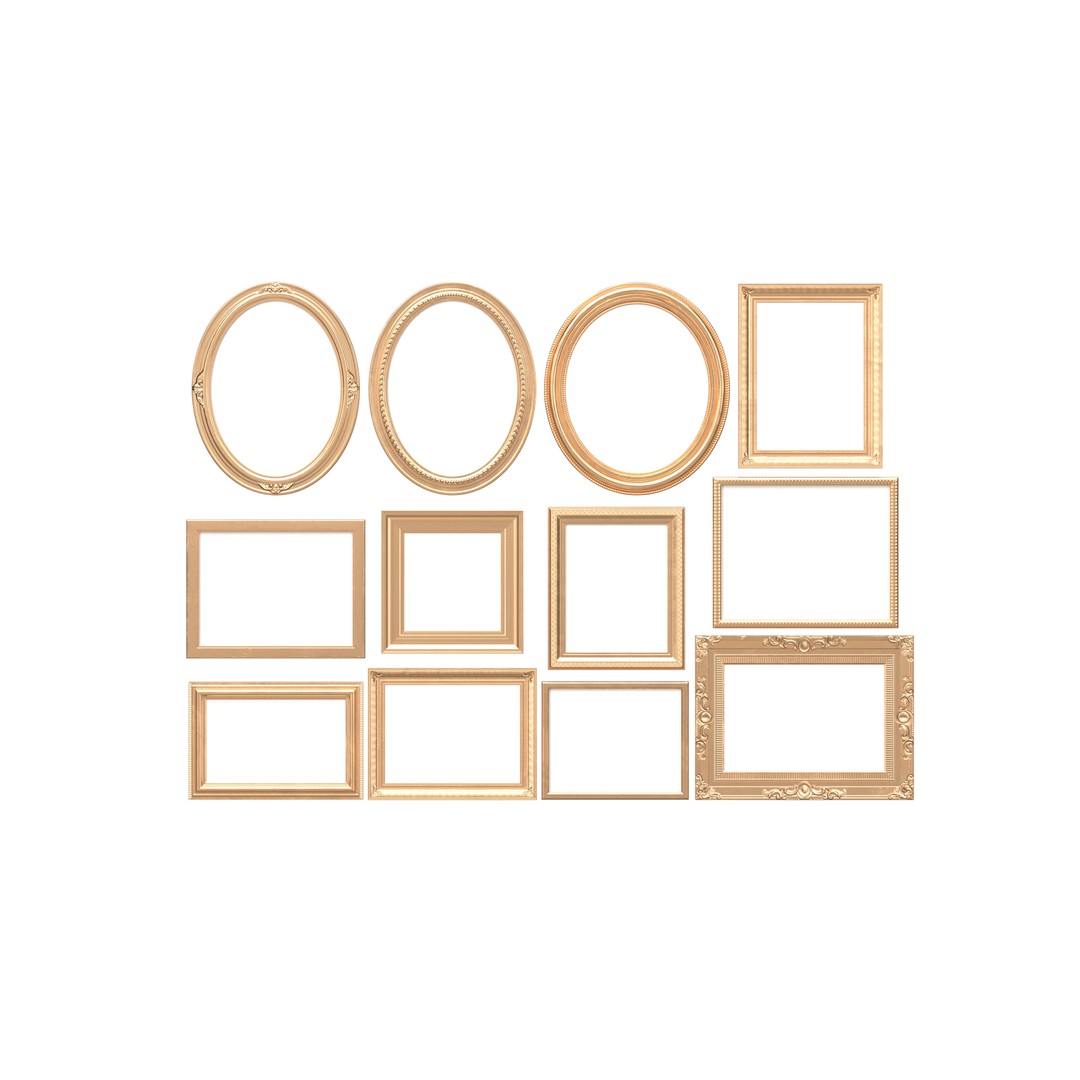 Classic Photo and Mirror Frame Set 3D Model – Low Poly Gold Frames, FBX/OBJ - View 3