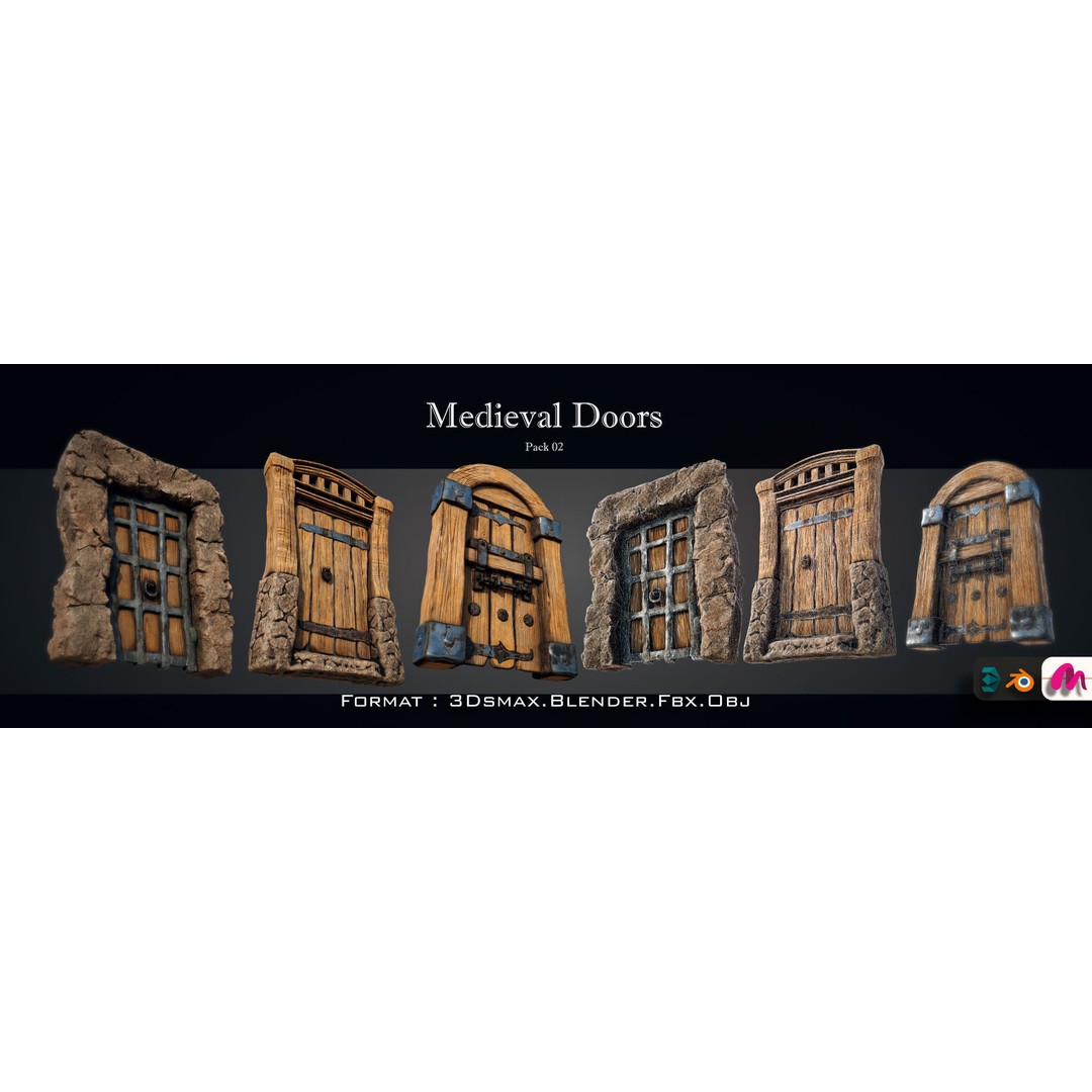 Medieval Doorway Trio 3D Model – Low Poly Architectural Game Asset, FBX - View 12