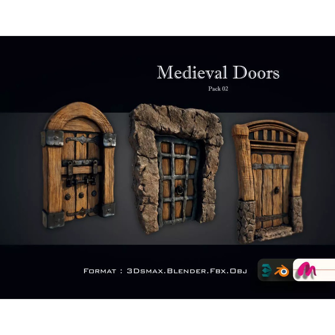 Medieval Doorway Trio 3D Model – Low Poly Architectural Game Asset, FBX - View 2