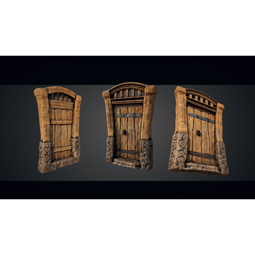 Medieval Doorway Trio 3D Model – Low Poly Architectural Game Asset, FBX - View 4