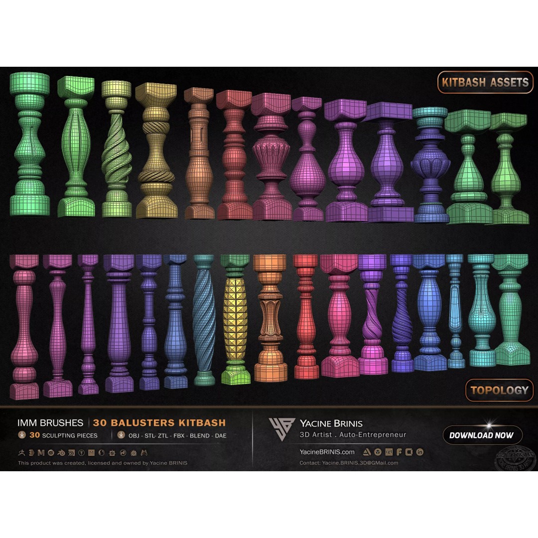 30 Balusters 3D Model – Low Poly Architectural Kitbash, FBX, OBJ