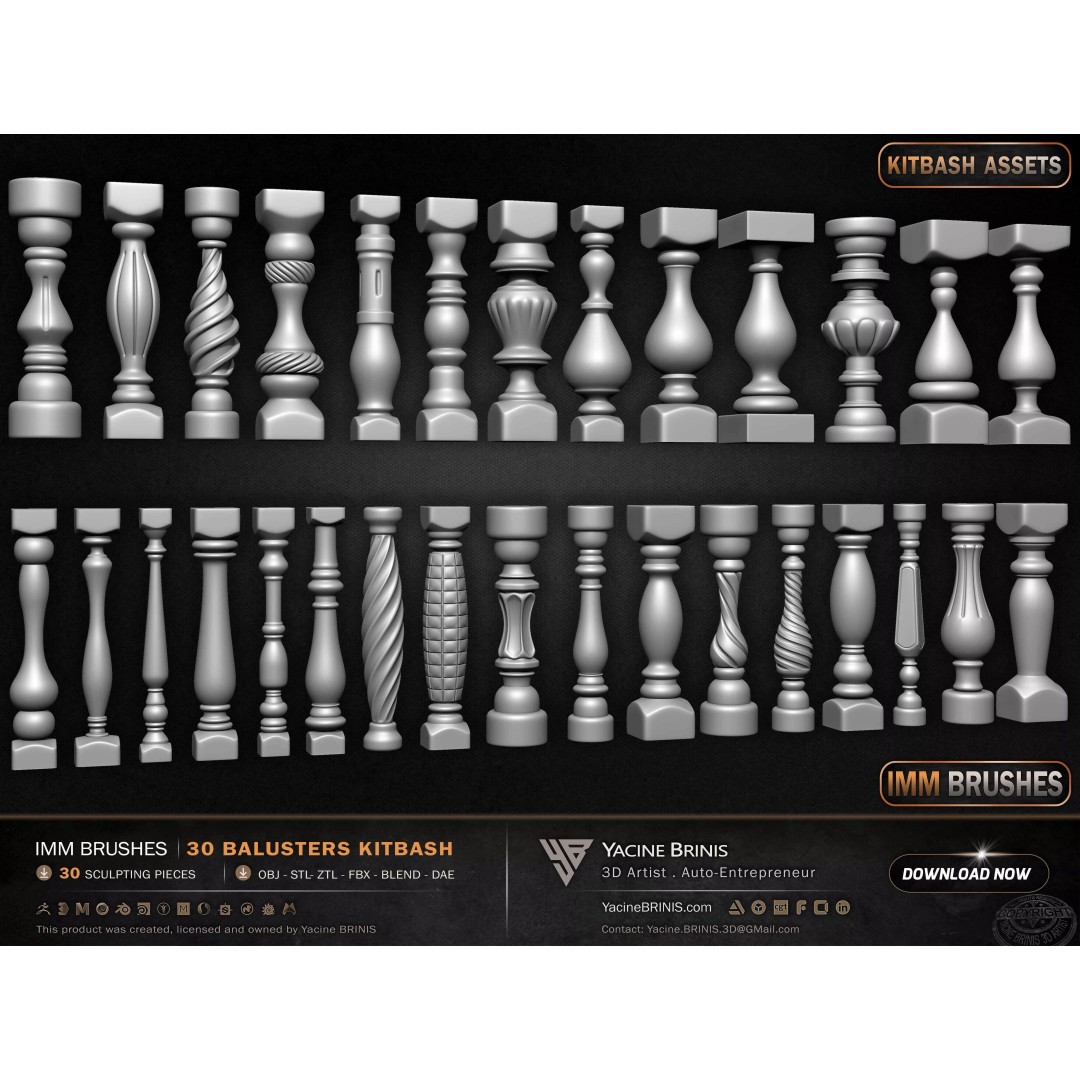 30 Balusters 3D Model – Low Poly Architectural Kitbash, FBX, OBJ - View 10