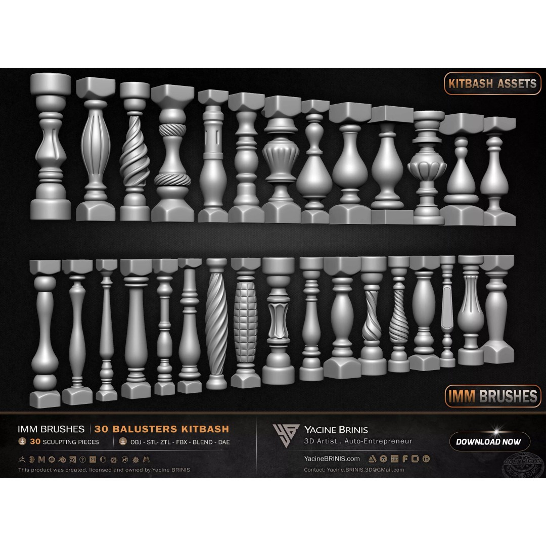 30 Balusters 3D Model – Low Poly Architectural Kitbash, FBX, OBJ - View 11