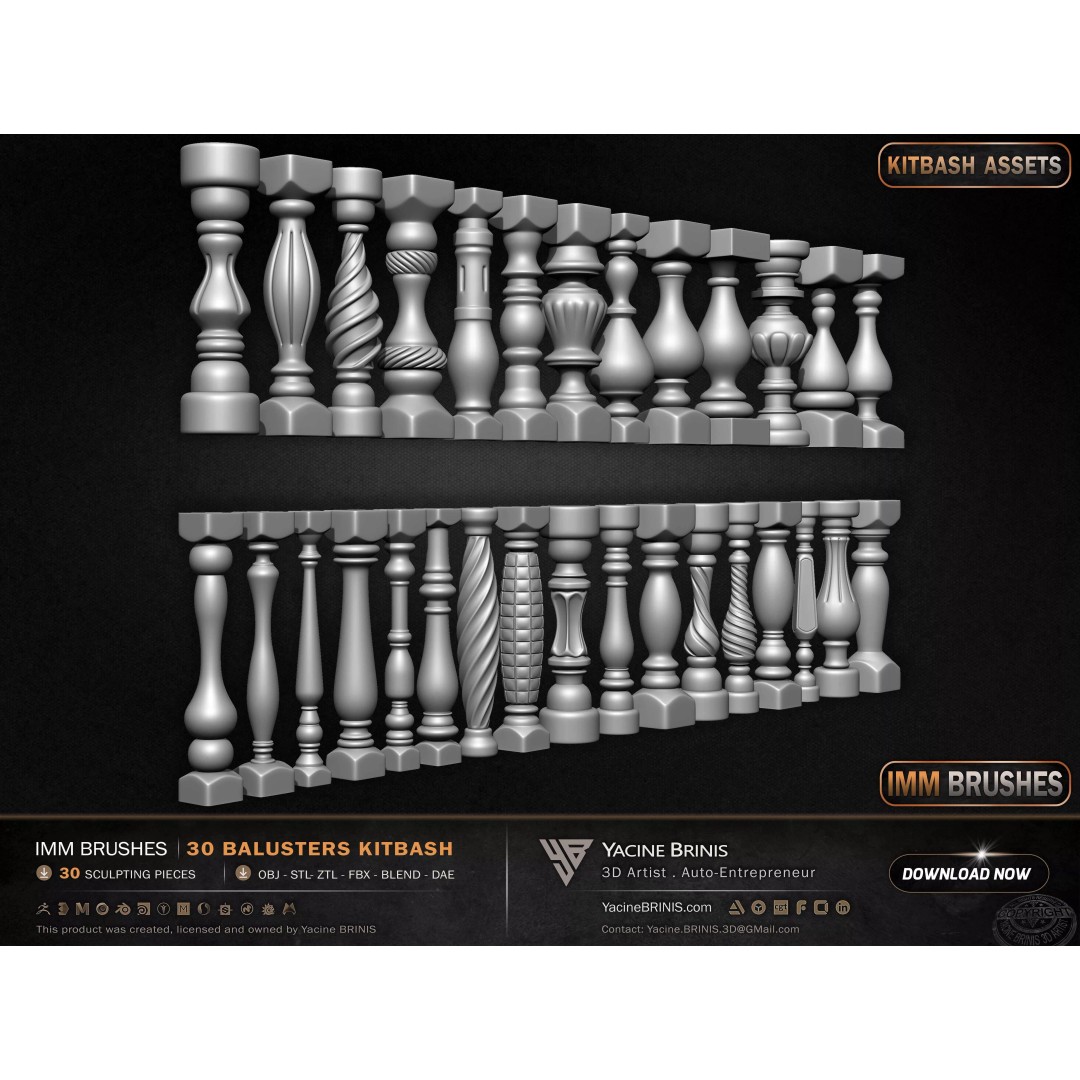 30 Balusters 3D Model – Low Poly Architectural Kitbash, FBX, OBJ - View 12
