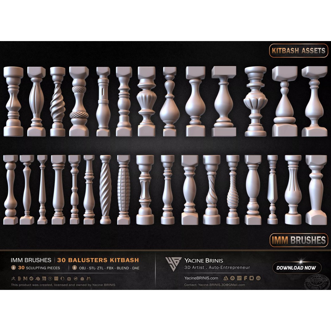 30 Balusters 3D Model – Low Poly Architectural Kitbash, FBX, OBJ - View 13