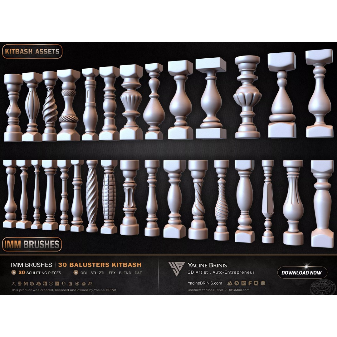 30 Balusters 3D Model – Low Poly Architectural Kitbash, FBX, OBJ - View 14