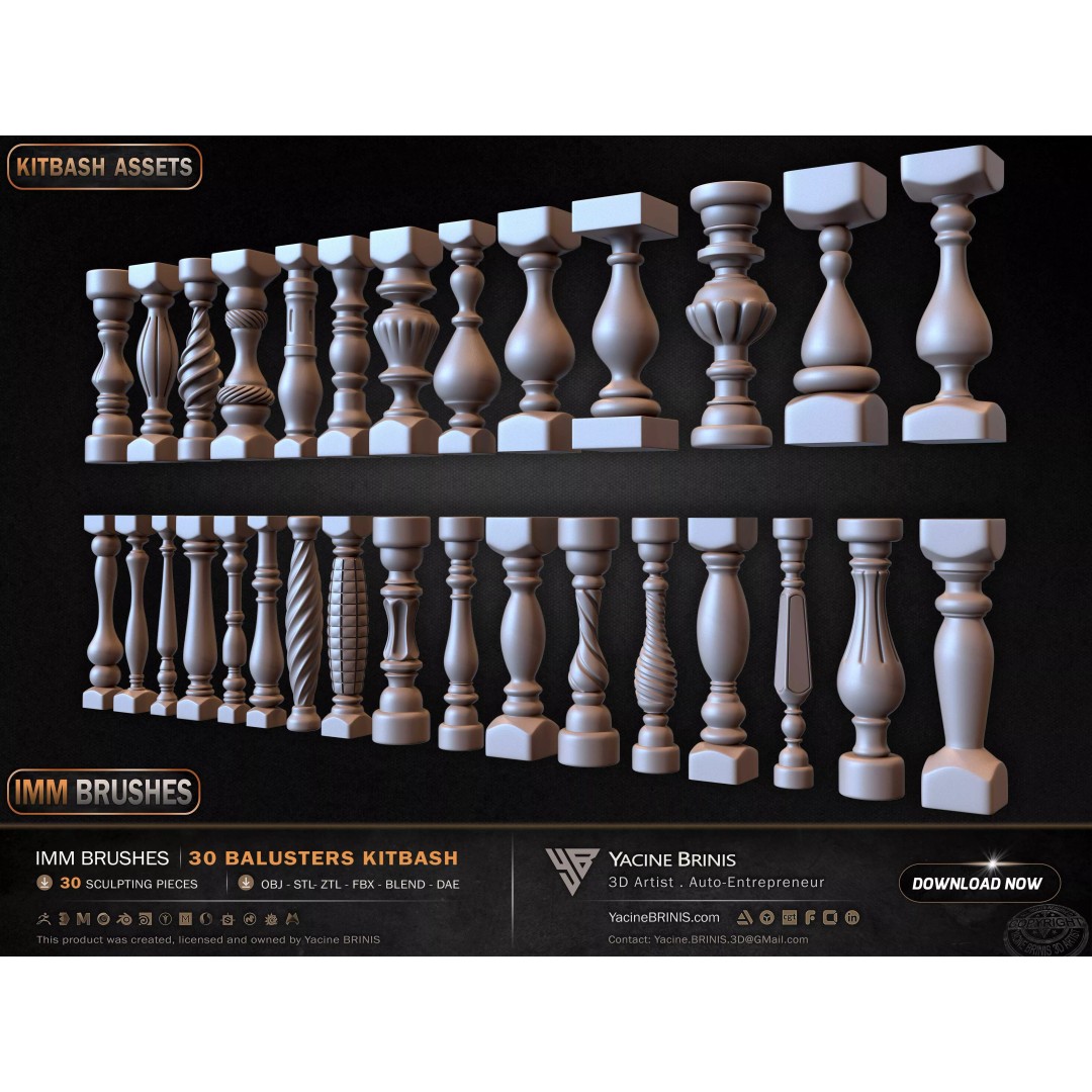 30 Balusters 3D Model – Low Poly Architectural Kitbash, FBX, OBJ - View 15