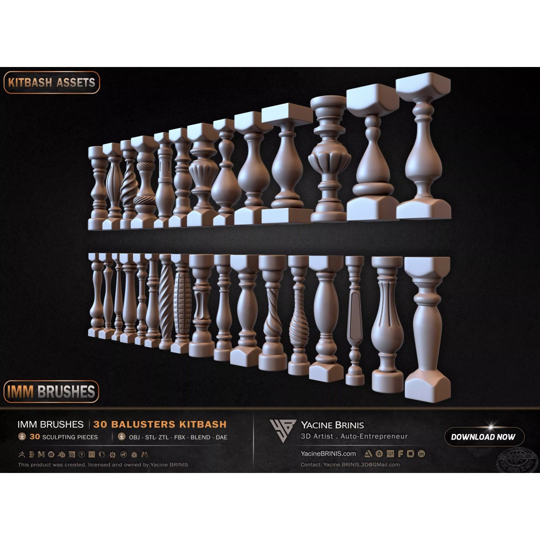 30 Balusters 3D Model – Low Poly Architectural Kitbash, FBX, OBJ - View 16
