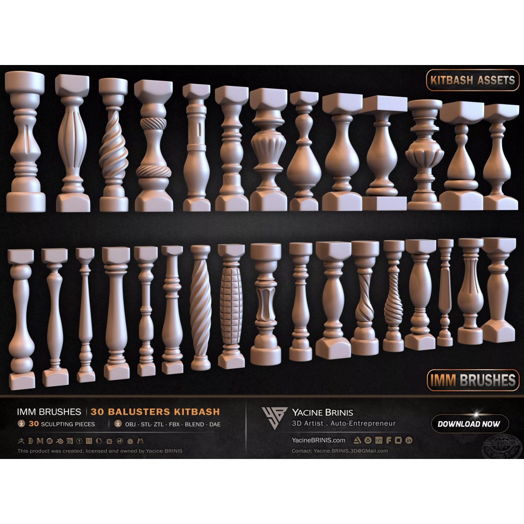 30 Balusters 3D Model – Low Poly Architectural Kitbash, FBX, OBJ - View 17