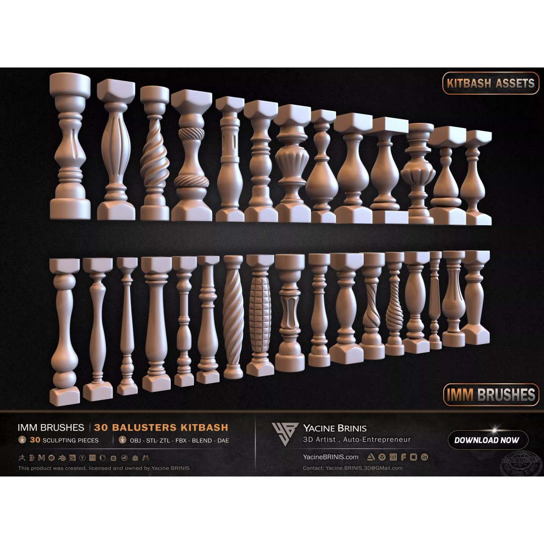 30 Balusters 3D Model – Low Poly Architectural Kitbash, FBX, OBJ - View 18