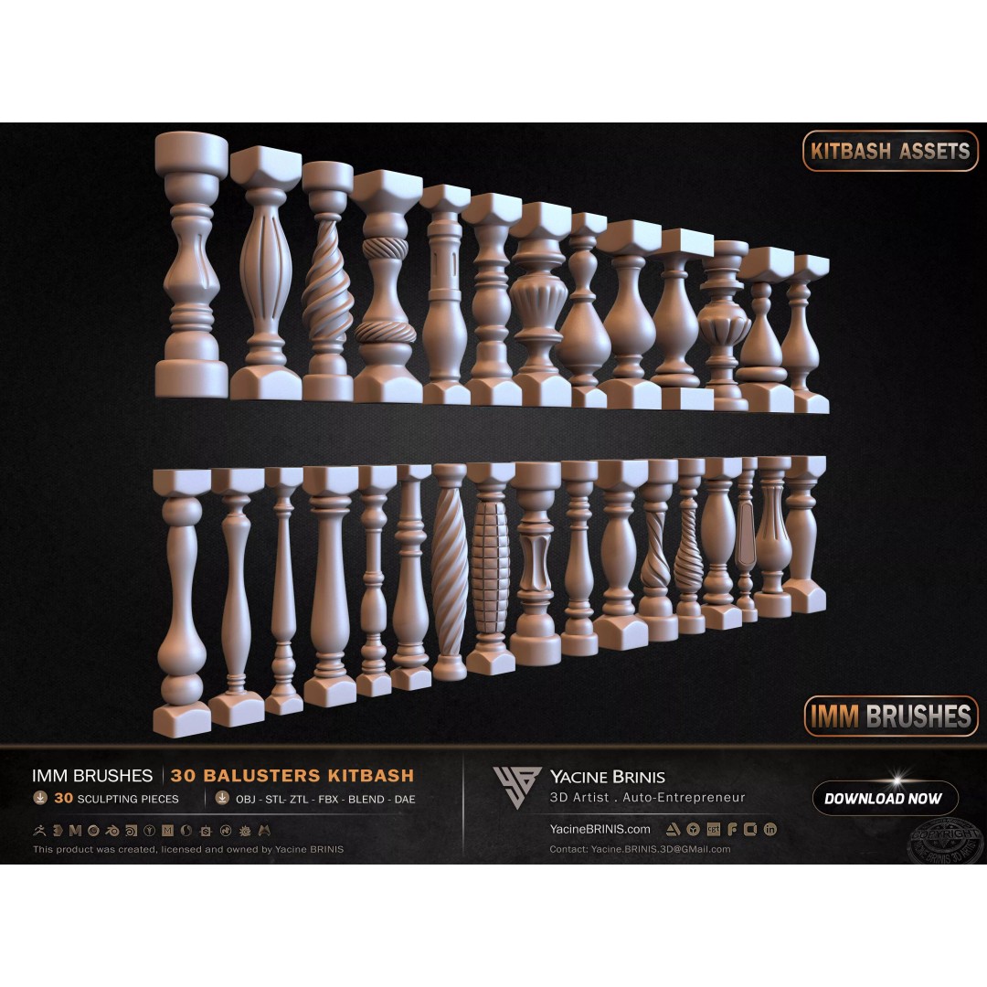 30 Balusters 3D Model – Low Poly Architectural Kitbash, FBX, OBJ - View 19