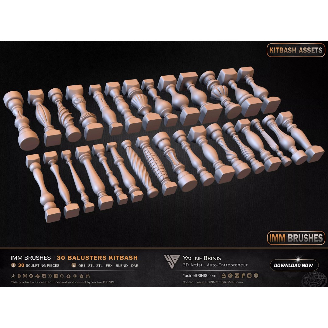 30 Balusters 3D Model – Low Poly Architectural Kitbash, FBX, OBJ - View 20