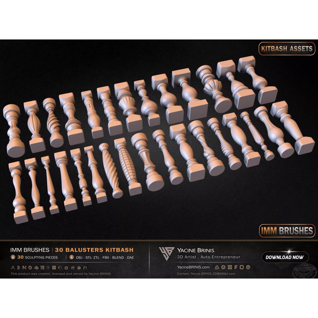 30 Balusters 3D Model – Low Poly Architectural Kitbash, FBX, OBJ - View 21