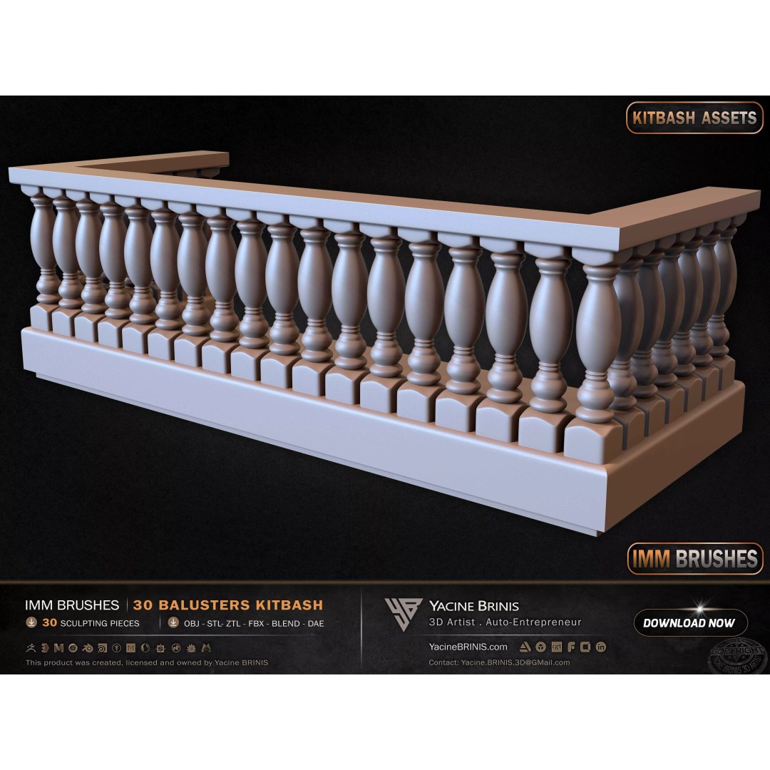 30 Balusters 3D Model – Low Poly Architectural Kitbash, FBX, OBJ - View 22