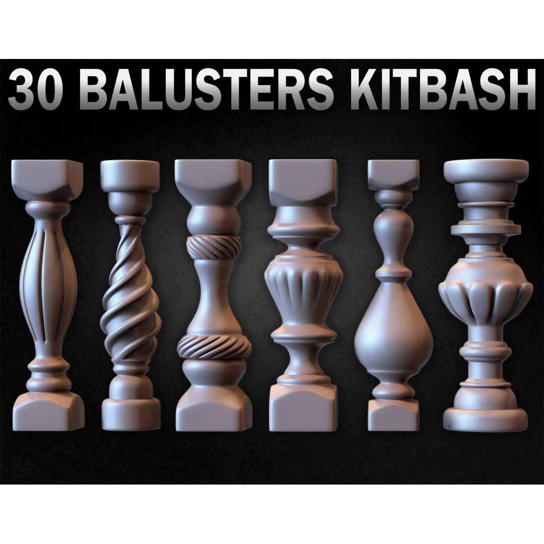 30 Balusters 3D Model – Low Poly Architectural Kitbash, FBX, OBJ - View 26
