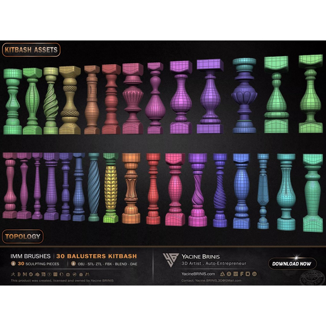 30 Balusters 3D Model – Low Poly Architectural Kitbash, FBX, OBJ - View 28