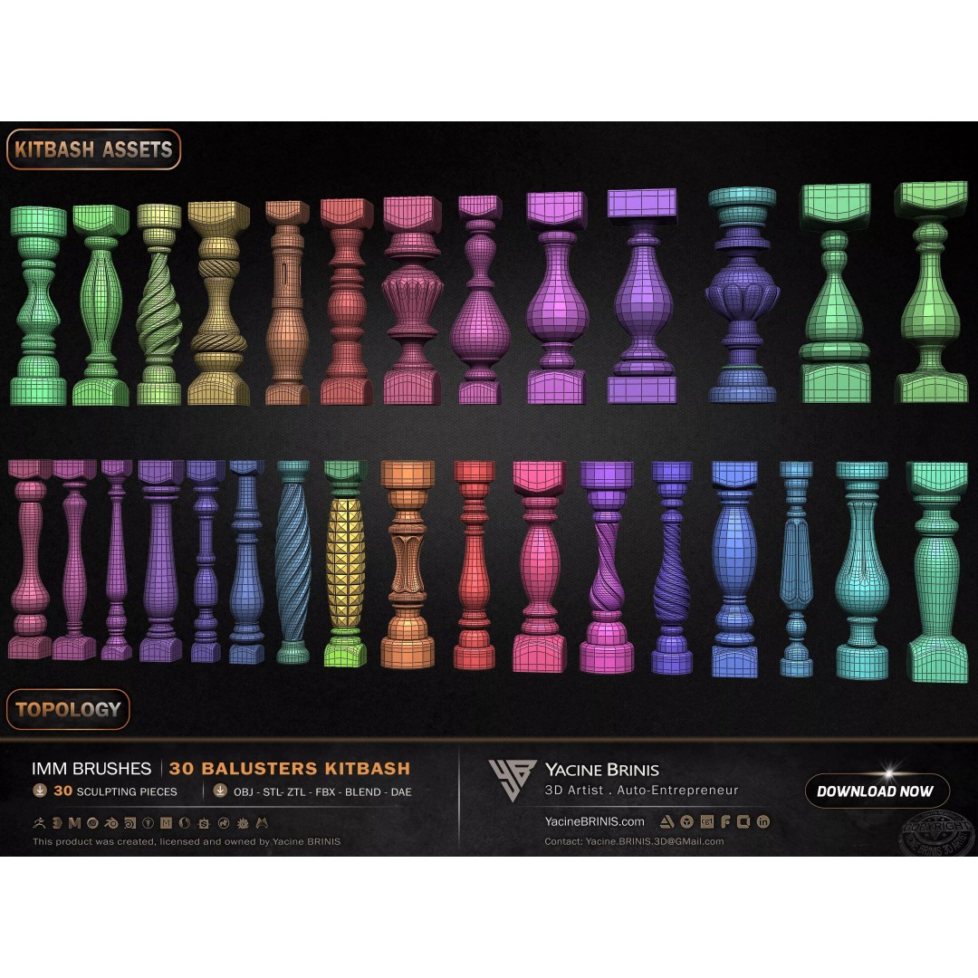 30 Balusters 3D Model – Low Poly Architectural Kitbash, FBX, OBJ - View 29
