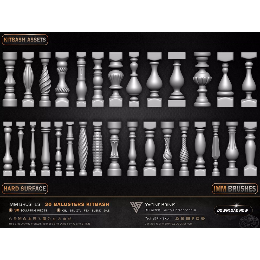 30 Balusters 3D Model – Low Poly Architectural Kitbash, FBX, OBJ - View 3
