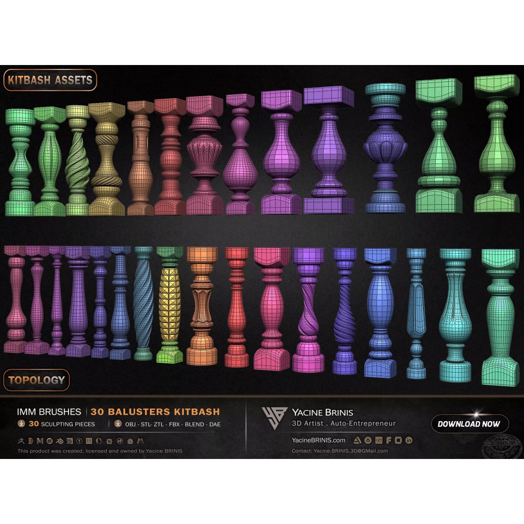 30 Balusters 3D Model – Low Poly Architectural Kitbash, FBX, OBJ - View 30