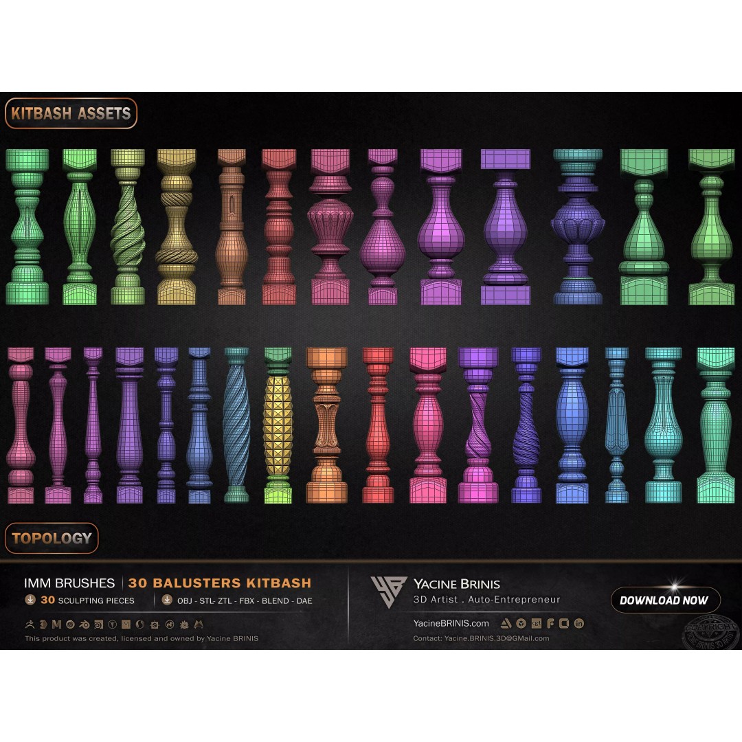 30 Balusters 3D Model – Low Poly Architectural Kitbash, FBX, OBJ - View 31