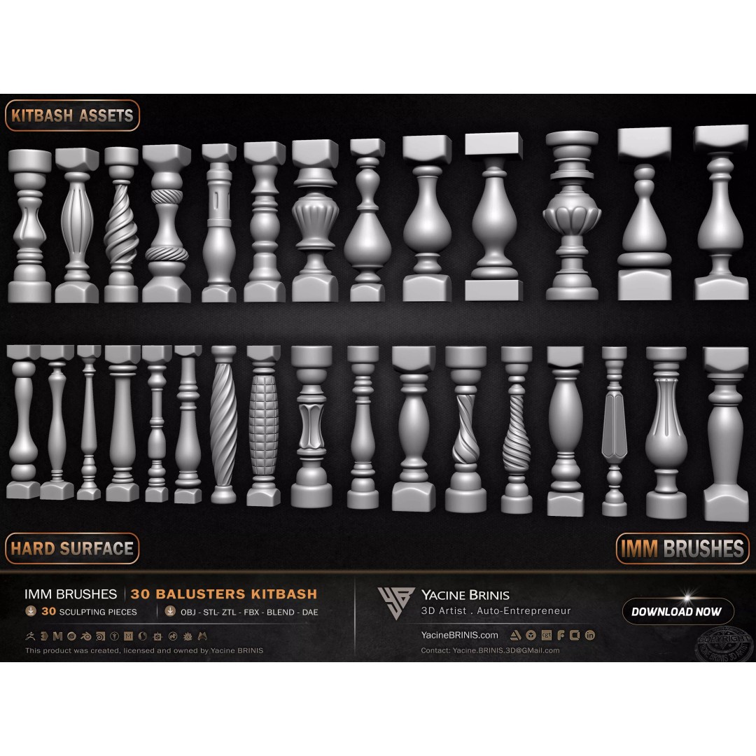 30 Balusters 3D Model – Low Poly Architectural Kitbash, FBX, OBJ - View 4