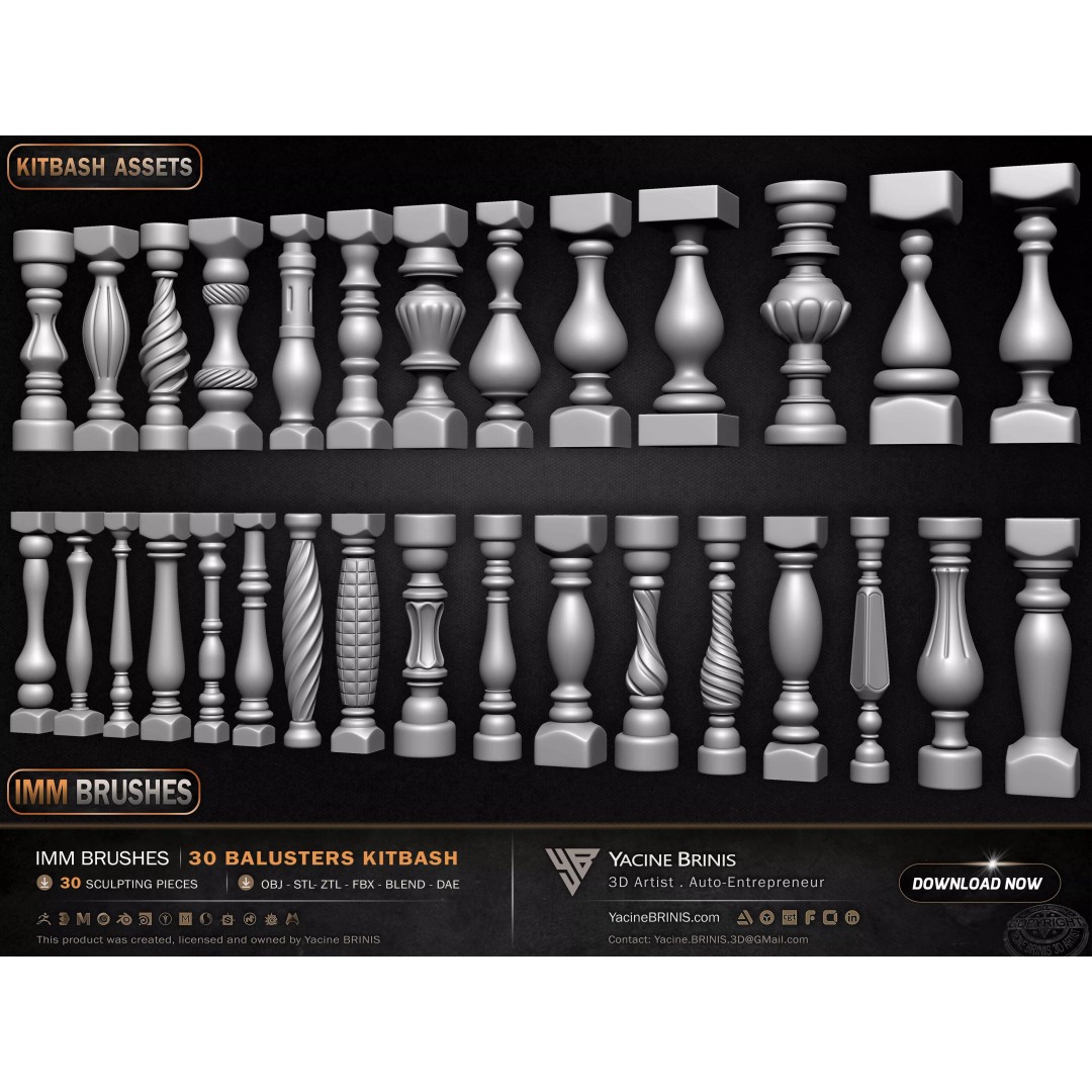 30 Balusters 3D Model – Low Poly Architectural Kitbash, FBX, OBJ - View 6