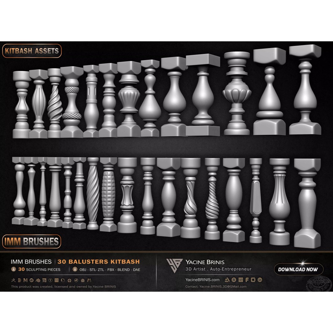 30 Balusters 3D Model – Low Poly Architectural Kitbash, FBX, OBJ - View 7