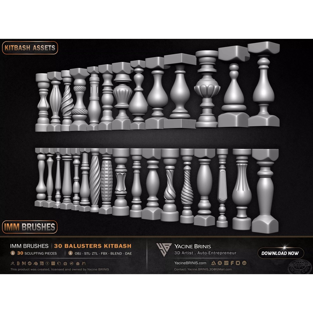 30 Balusters 3D Model – Low Poly Architectural Kitbash, FBX, OBJ - View 8