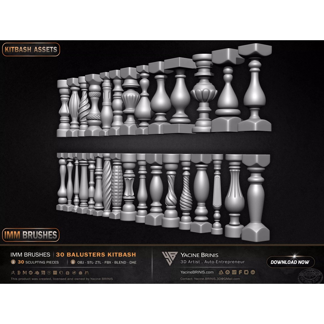 30 Balusters 3D Model – Low Poly Architectural Kitbash, FBX, OBJ - View 9