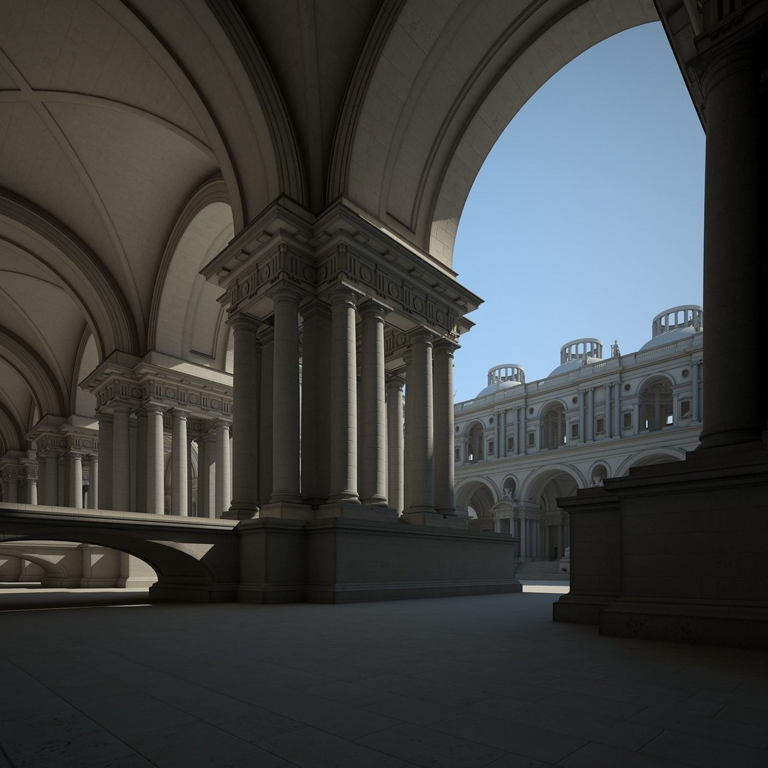 Ancient Temple Courtyard 3D Model – Classical Style, Vray Textured - View 10