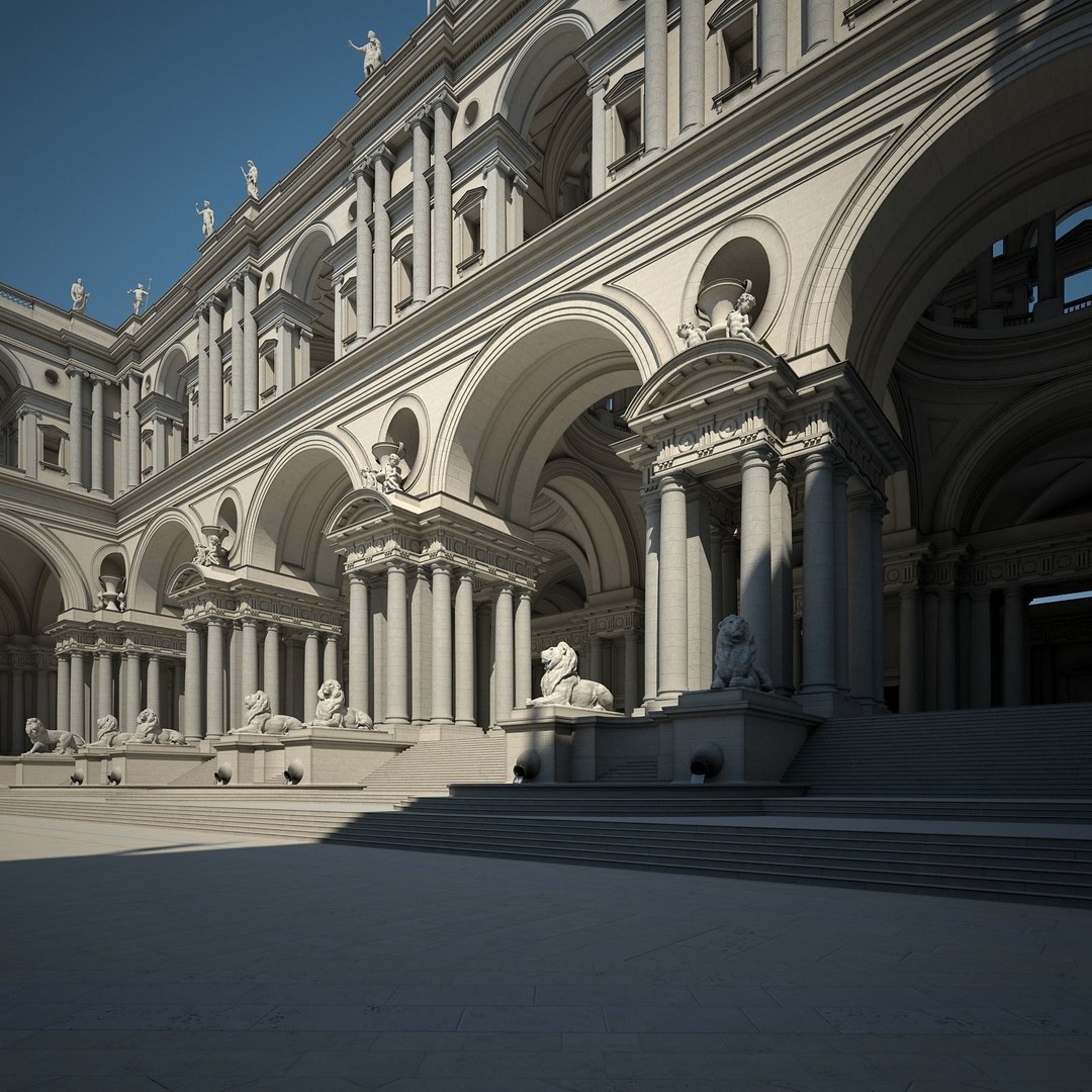 Ancient Temple Courtyard 3D Model – Classical Style, Vray Textured - View 12