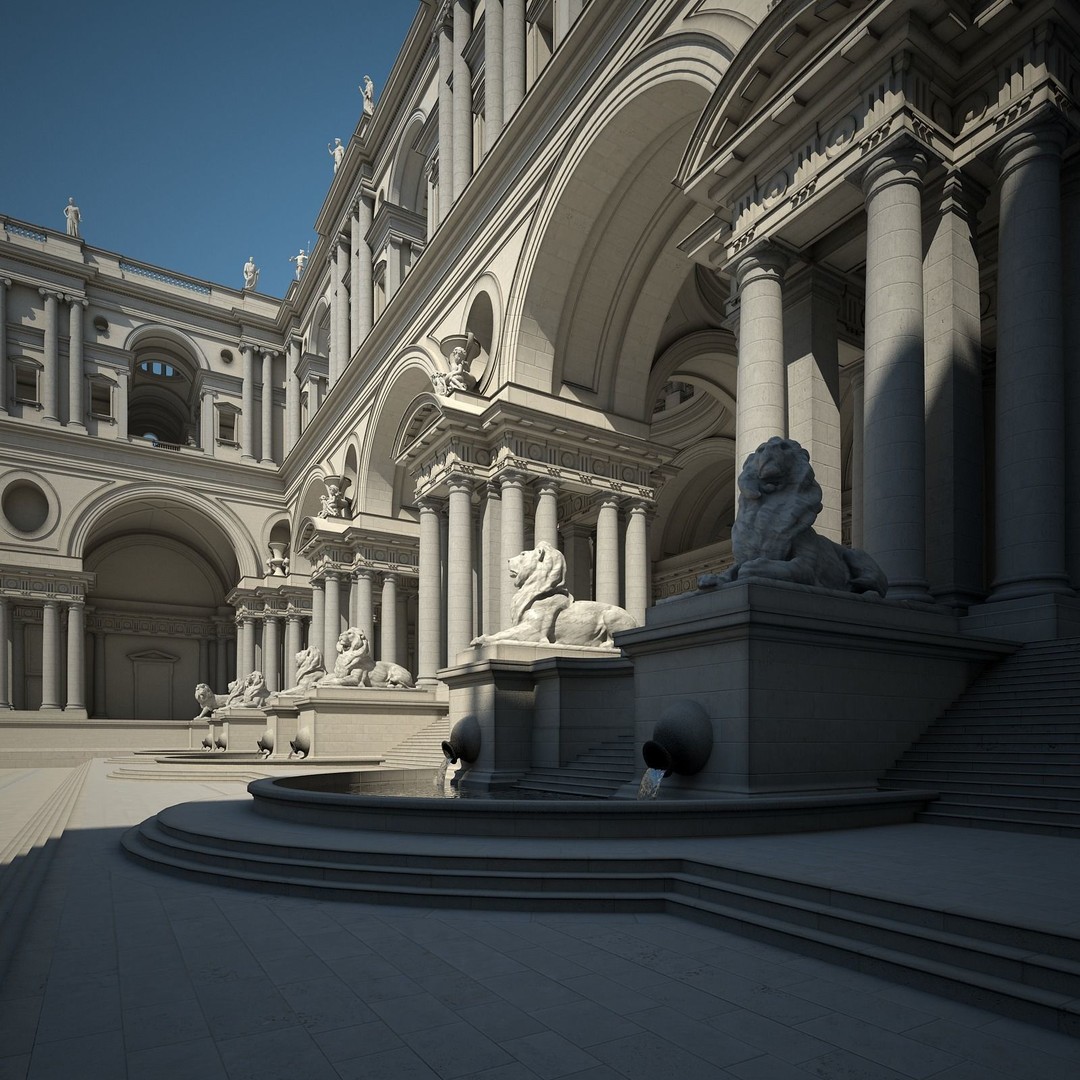 Ancient Temple Courtyard 3D Model – Classical Style, Vray Textured - View 13