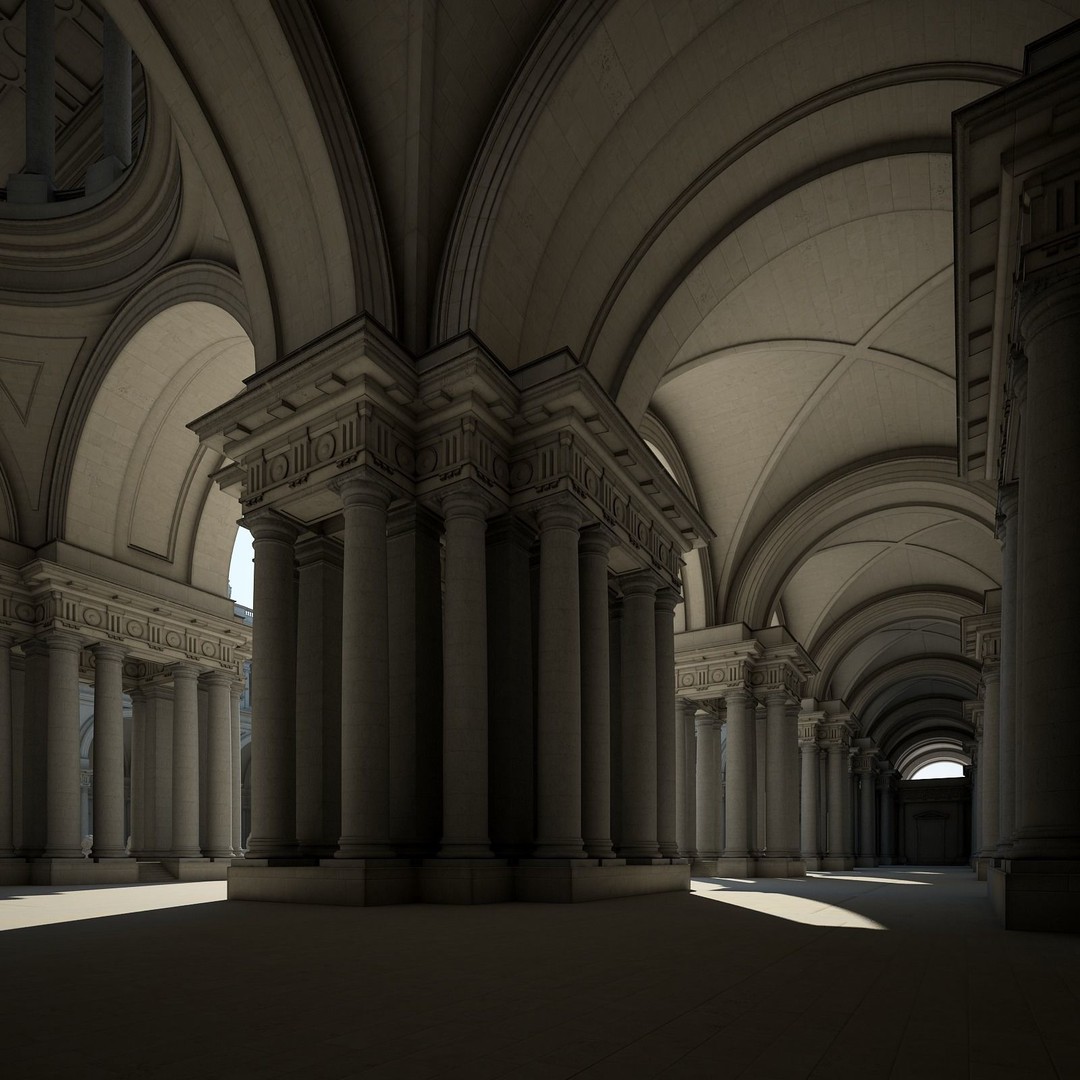 Ancient Temple Courtyard 3D Model – Classical Style, Vray Textured - View 15