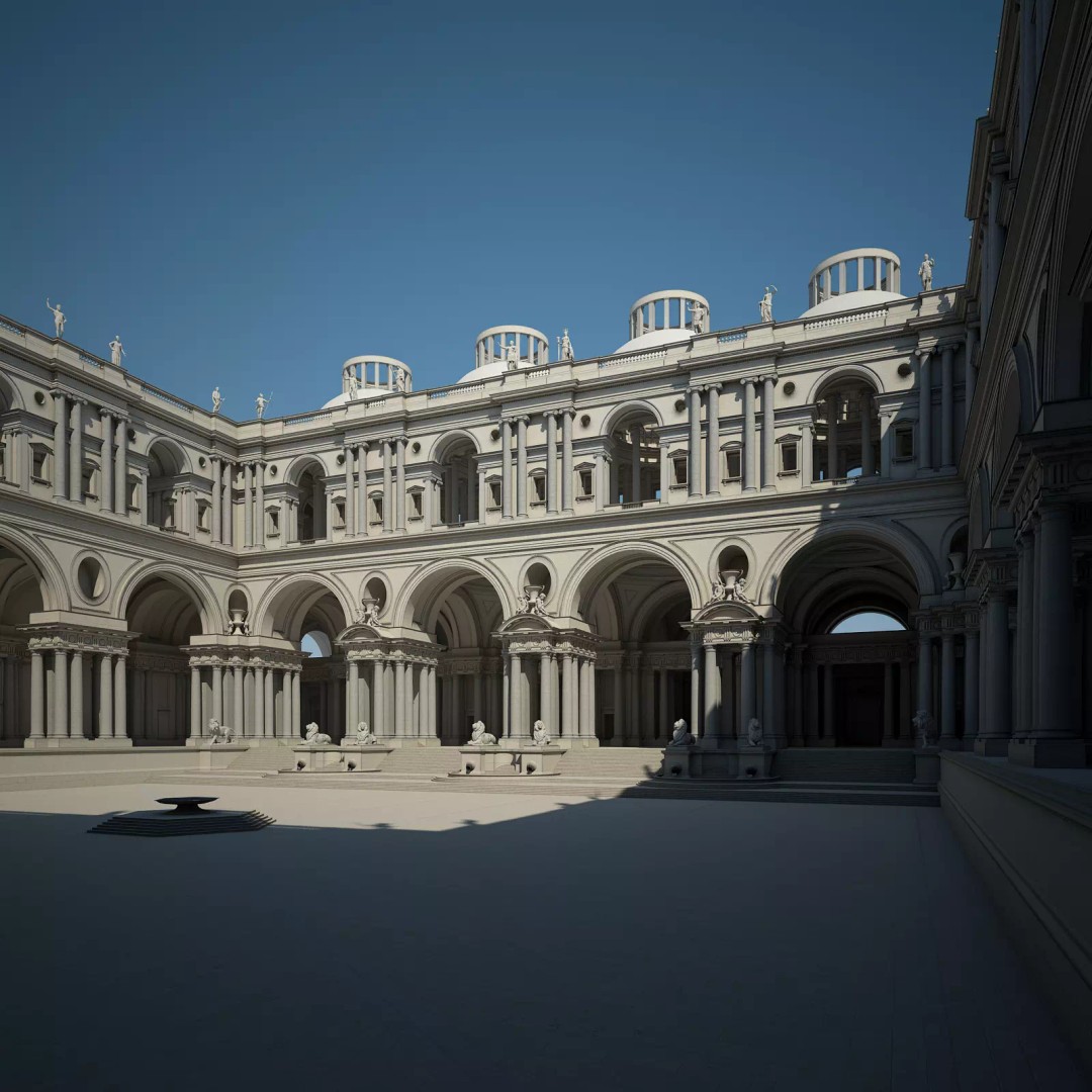 Ancient Temple Courtyard 3D Model – Classical Style, Vray Textured - View 2