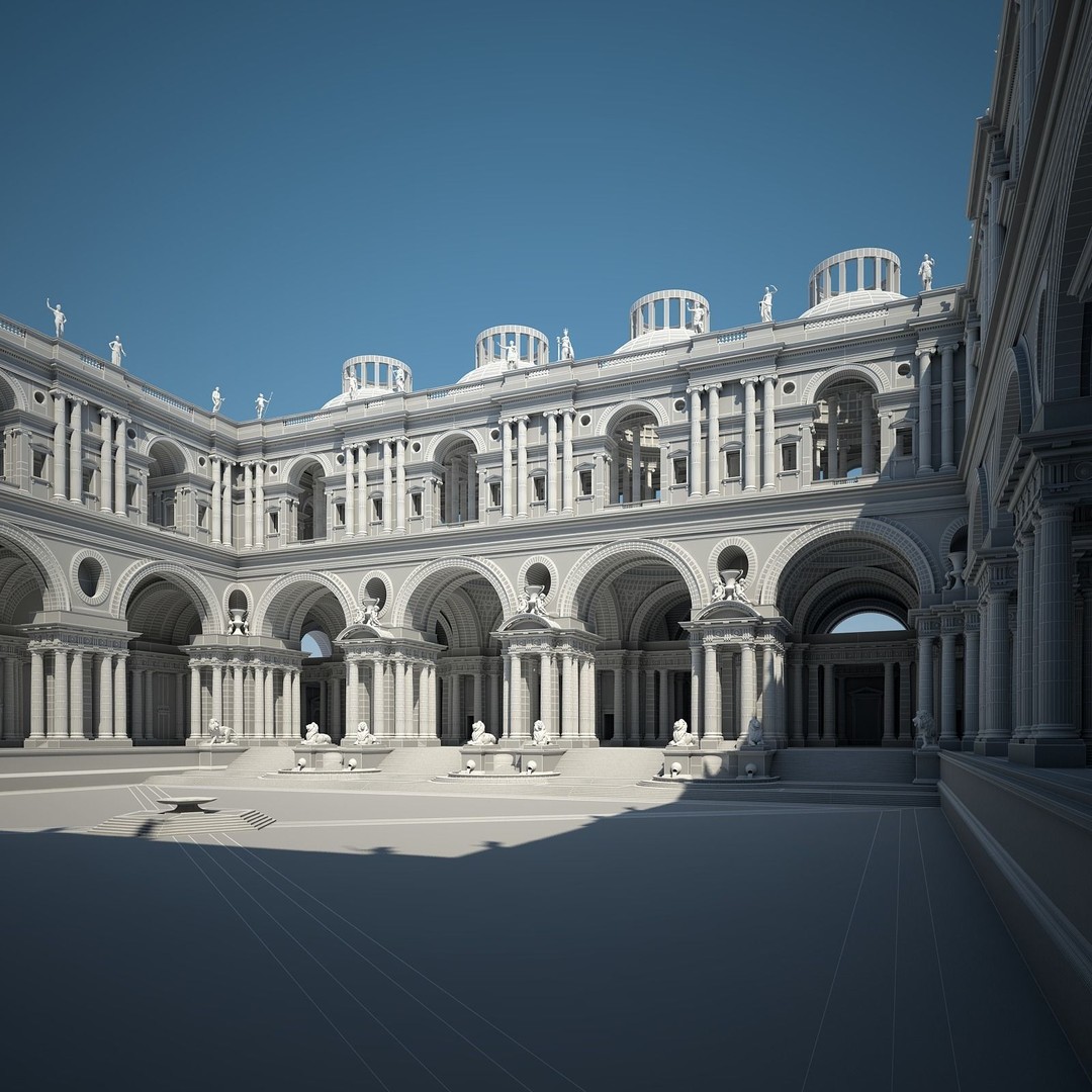Ancient Temple Courtyard 3D Model – Classical Style, Vray Textured - View 23