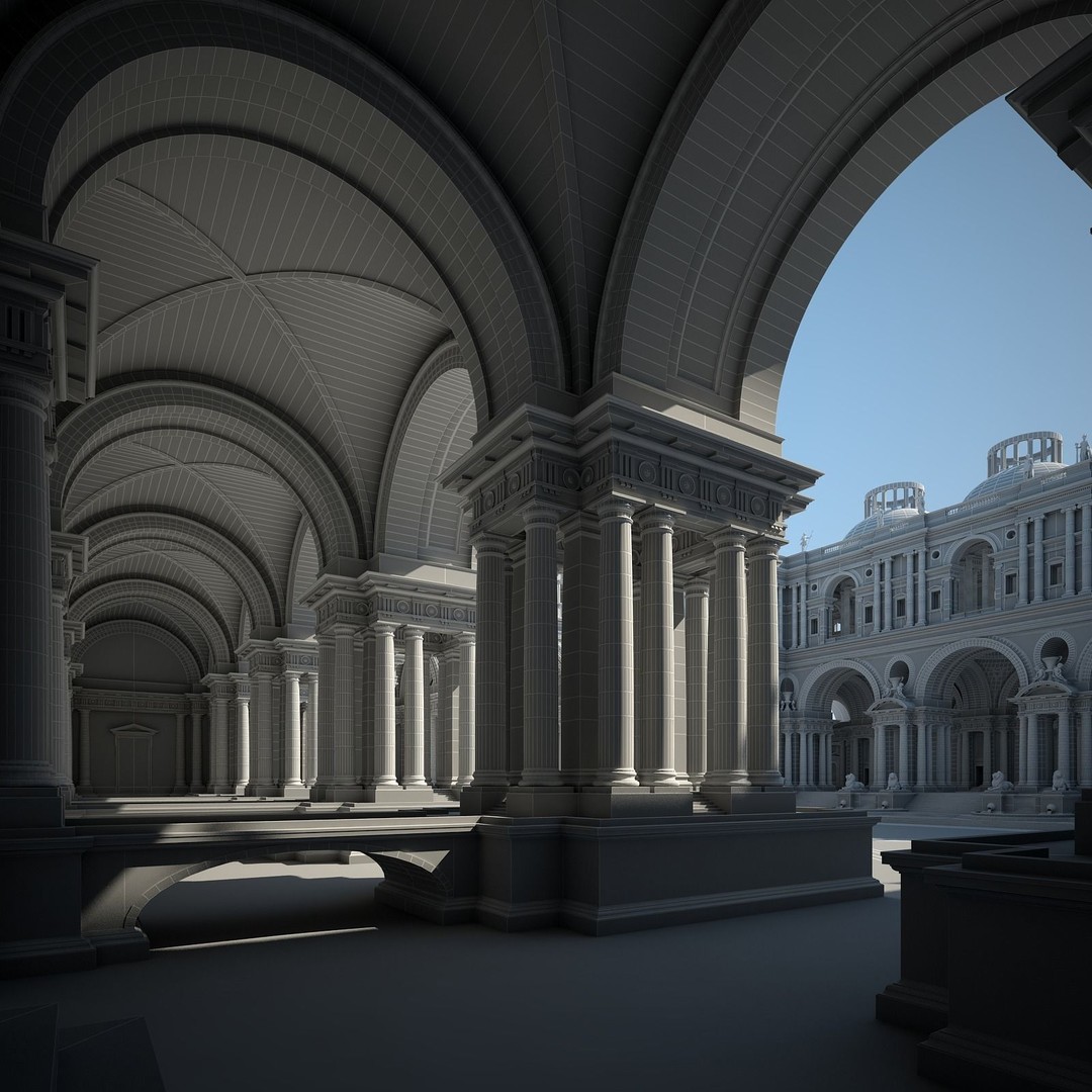 Ancient Temple Courtyard 3D Model – Classical Style, Vray Textured - View 28