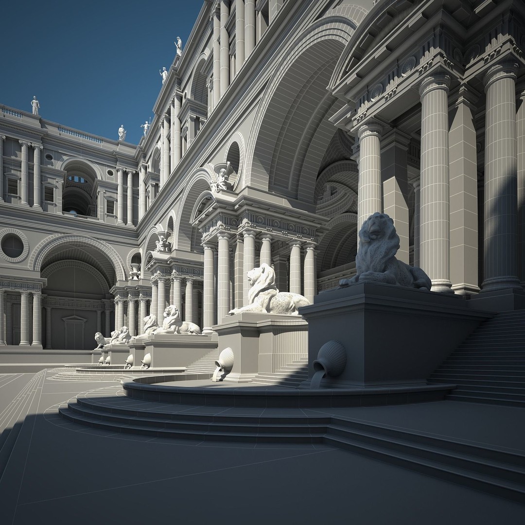 Ancient Temple Courtyard 3D Model – Classical Style, Vray Textured - View 32