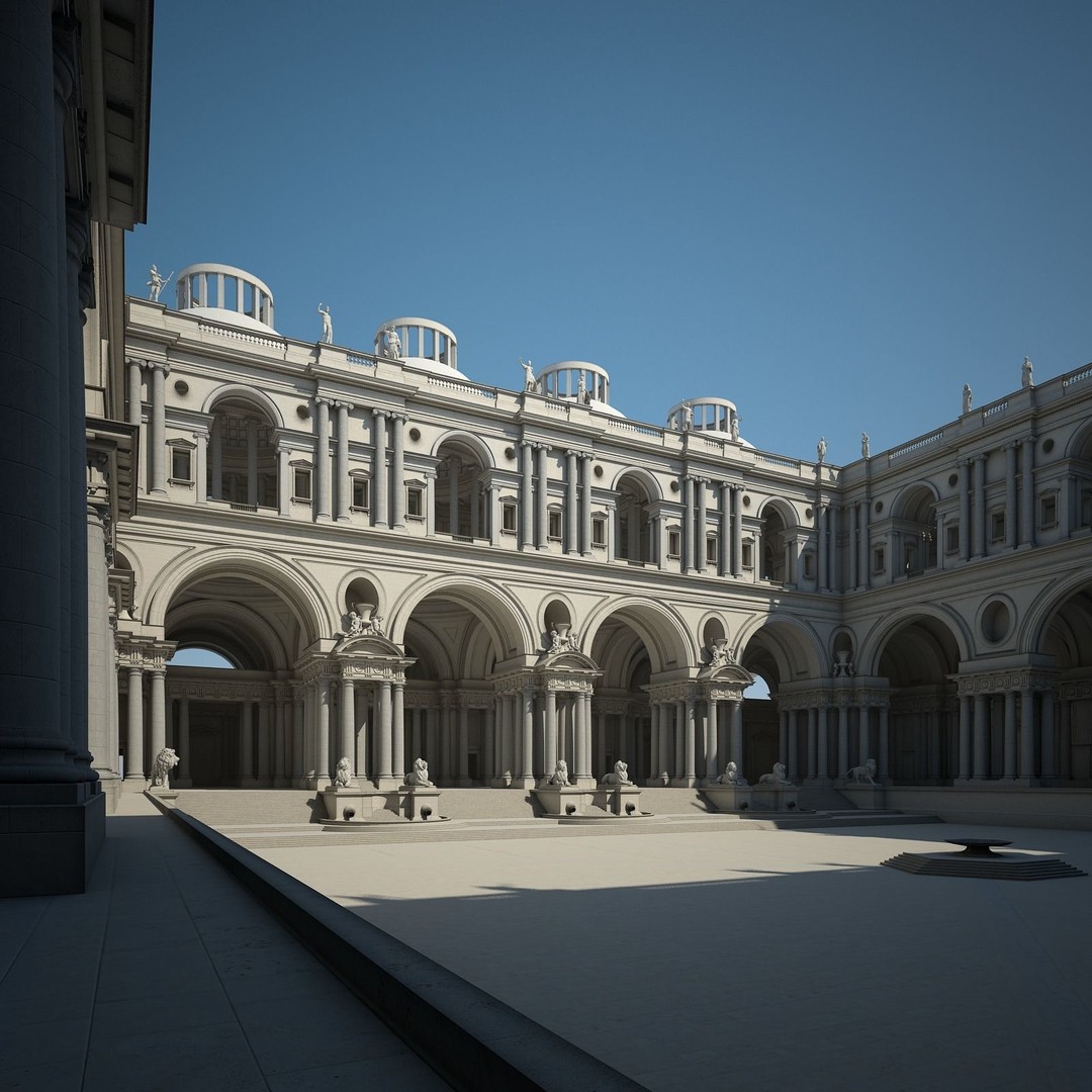 Ancient Temple Courtyard 3D Model – Classical Style, Vray Textured - View 4