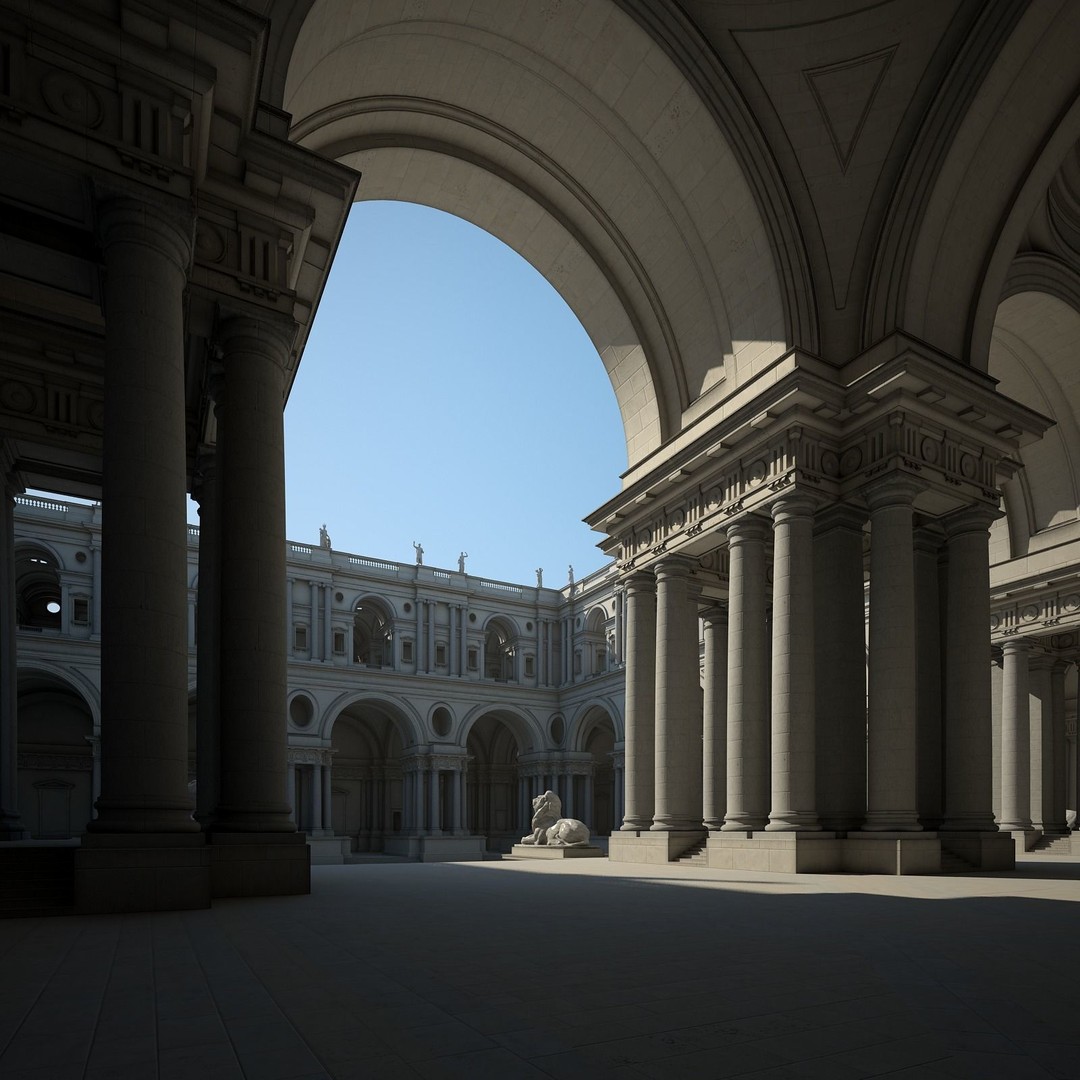 Ancient Temple Courtyard 3D Model – Classical Style, Vray Textured - View 5