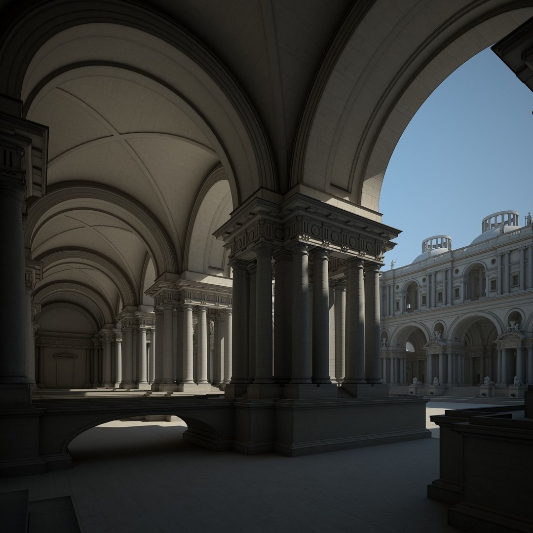 Ancient Temple Courtyard 3D Model – Classical Style, Vray Textured - View 7