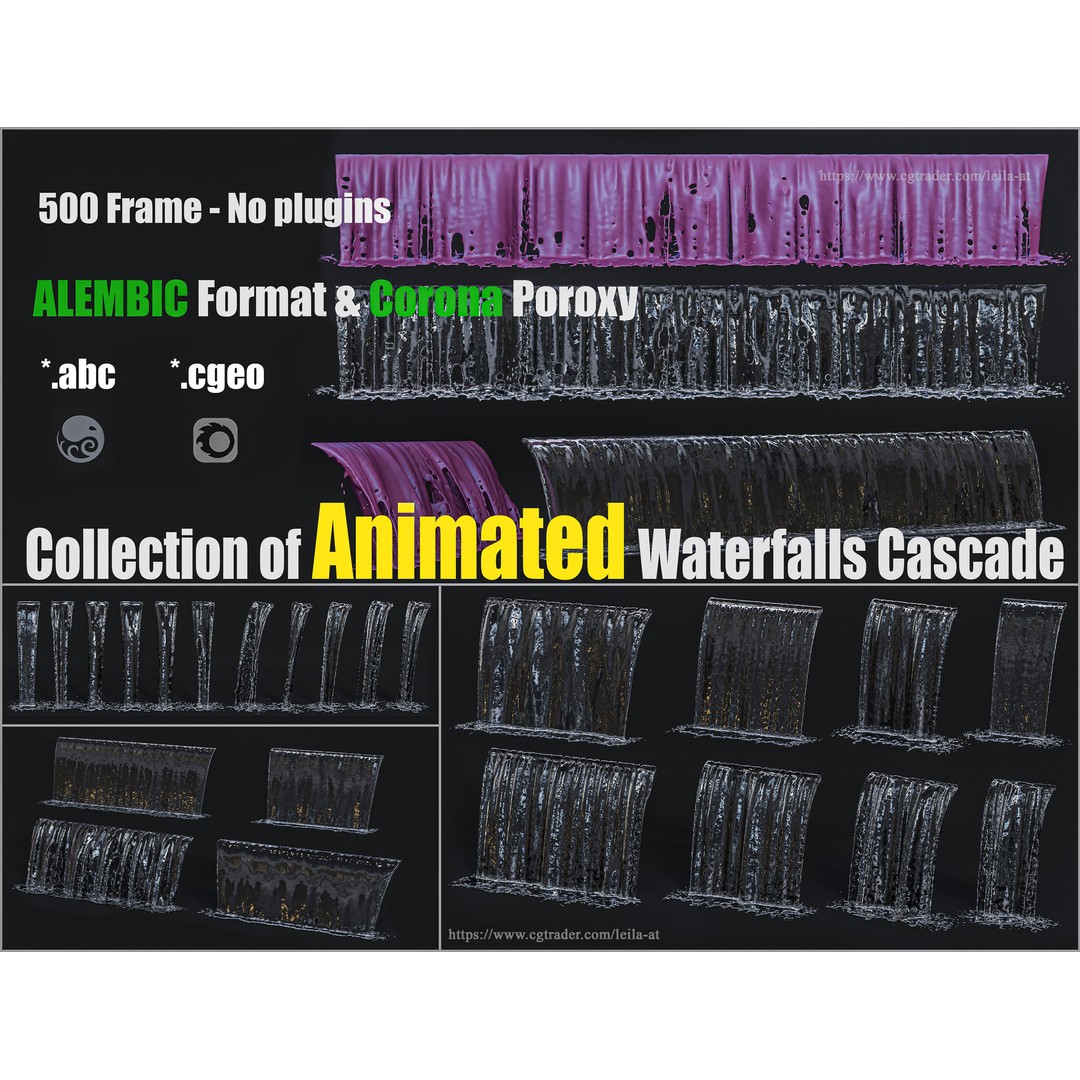Animated Waterfall 3D Model – 30 Cascading Fountains, Alembic & Corona Proxy