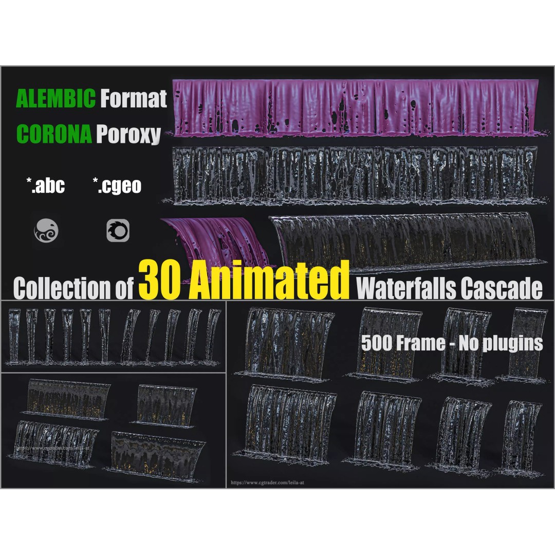 Animated Waterfall 3D Model – 30 Cascading Fountains, Alembic & Corona Proxy - View 2